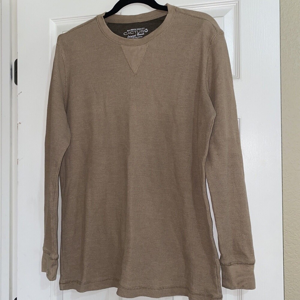 Mens Henley Thermal Shirt chore work Brown Long Sleeve M cabin winter layer